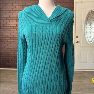 L.L. Bean Teal Cable Knit Sweater Shawl Collar Cotton‎ Women’s M Regular